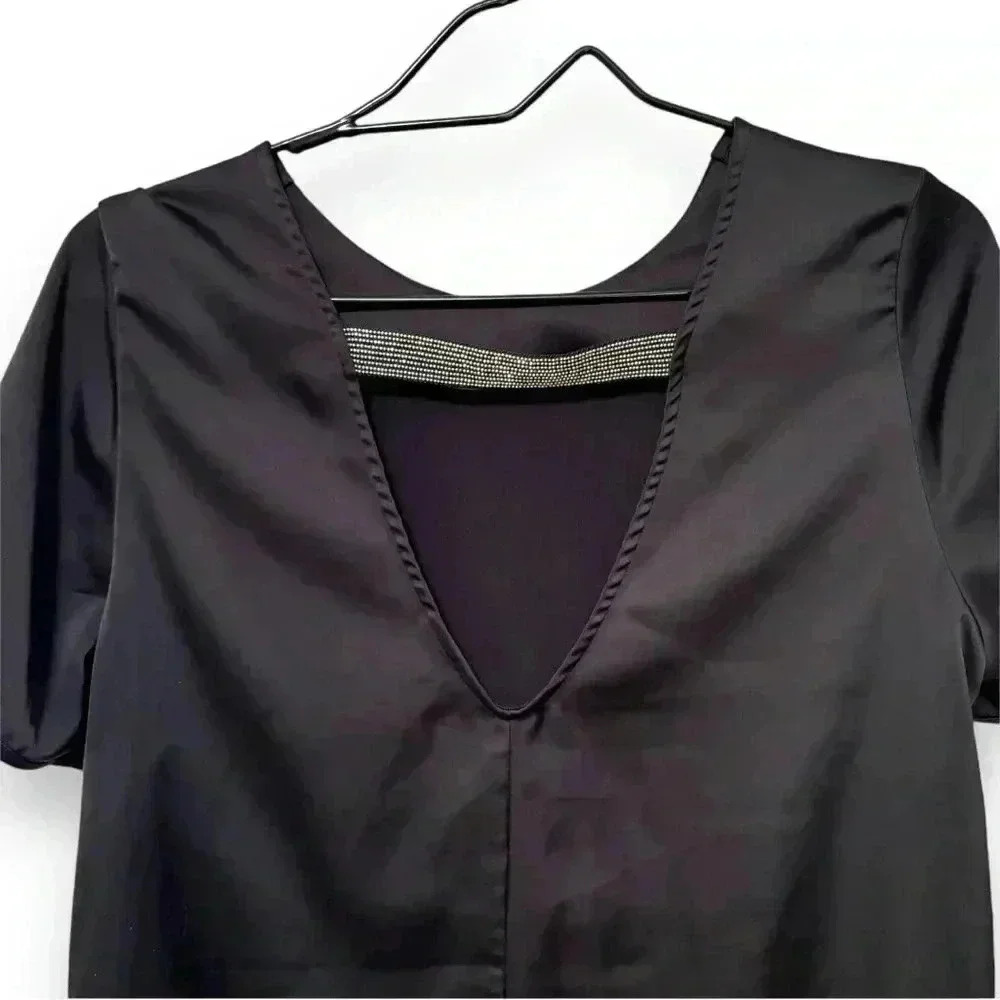 H&M Black Short Sleeve Satin Cutout Sleeve and Back with Silver Detail Minidress - Picture 13 of 16